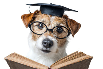 Smart dog reading a book wearing glasses and graduation cap.