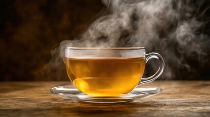 Steam rising from the surface of a hot cup of tea in a humid room