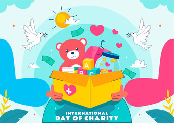 International Day of Charity Vector Illustration on September 5th Featuring a Donation Package and Love Concept by a Volunteer in a Flat Background