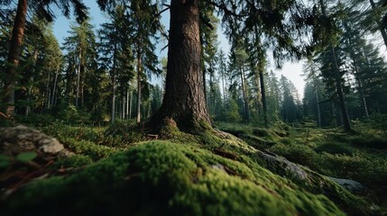 Serene Forest: Mossy Ground, Towering Trees