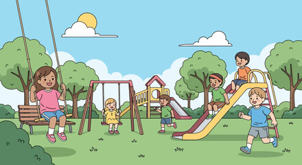 Adobe illustrator artwork vector illustration of children playing joyfully on a colorful playground, swinging, sliding, and playing basketball on a sunny day