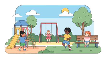 Adobe illustrator artwork vector illustration of children playing joyfully on a colorful playground, swinging, sliding, and playing basketball on a sunny day