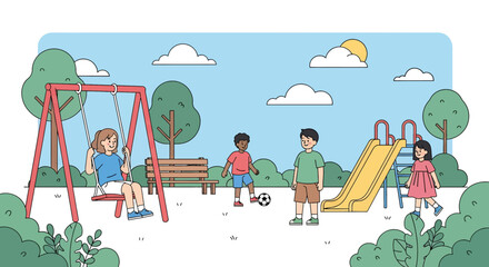 Fototapeta premium Adobe illustrator artwork vector illustration of children playing joyfully on a colorful playground, swinging, sliding, and playing basketball on a sunny day