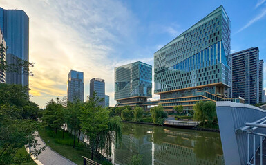 Modern architecture by the river in the city