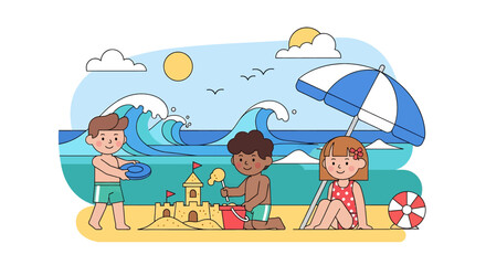 Adobe illustrator artwork vector illustration of diverse kids on a summer beach vacation. Happy children play, build a sandcastle, and hold a ball and umbrella by the ocean