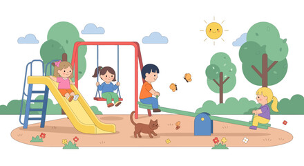 Adobe illustrator artwork vector illustration of children playing joyfully on a colorful playground, swinging, sliding, and playing basketball on a sunny day