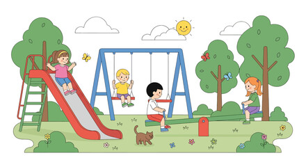 Adobe illustrator artwork vector illustration of children playing joyfully on a colorful playground, swinging, sliding, and playing basketball on a sunny day