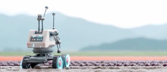Futuristic Robot on Agricultural Field with Mountains in Background