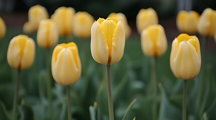 Obraz premium Beautiful Yellow Tulips Blooming in Spring Garden