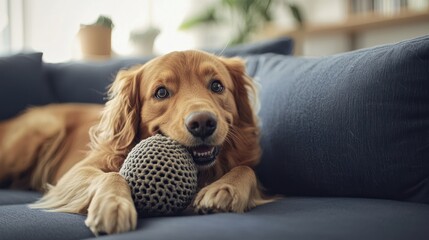 A happy dog playing with a squeaky toy in the living room