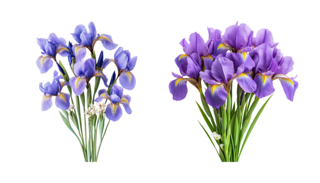 Beautiful arrangement of purple and blue iris flowers on a white background