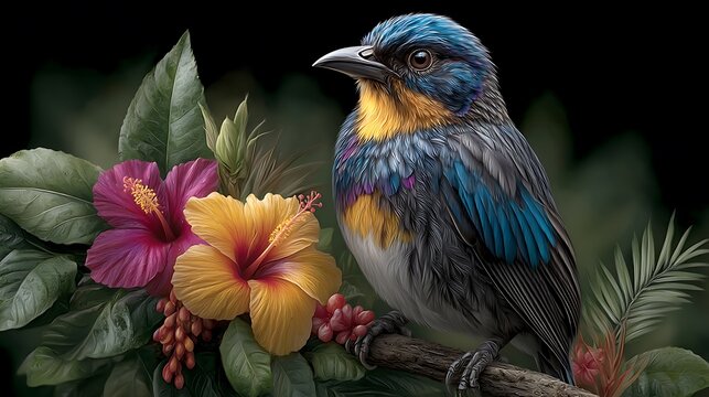 Realistic HD watercolor painting of a paradise bird enjoying a bouquet of fresh tropical flowers, surrounded by lush foliage. .jpg