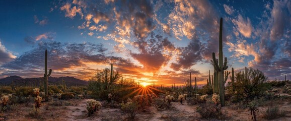 Fiery Arizona Desert Sunset Panorama with Saguaro Cacti and Dramatic Clouds
