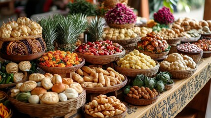 Colorful Display of Fresh Vegetables and Fruits in Market Baskets