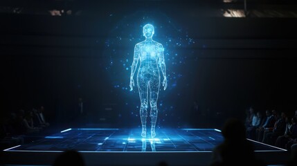 A hologram of a virtual assistant floating in the air during a tech presentation