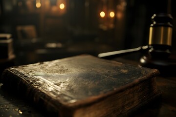 A detailed shot of a dusty law book, with a gavel faintly blurred in the background. The top-left area is available for a motivational message on the weight of justice. 