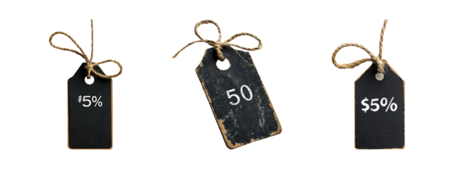 Black Price Tags with Discounts and Percentage Labels on a White Background