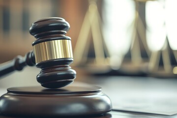 A conceptual close-up of a gavel on a map of the world, with the blurred background of courtrooms. The top part offers space for text on global justice. 