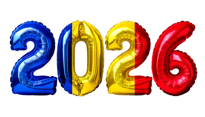 数字の2026の形のルーマニアの国旗柄の風船。白背景（Romanian flag pattern balloons in the shape of the number 2026 on white background）
