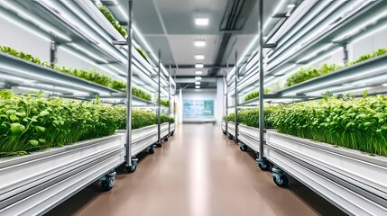 Obraz premium Indoor Hydroponic Farming with Green Plants in Modern Facility