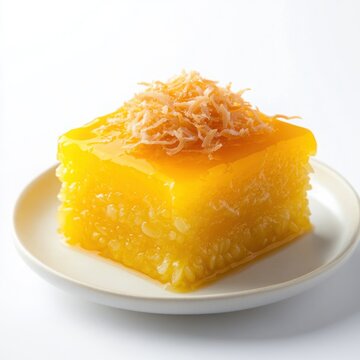 A different delicious Filipino dessert, Kue Cubir, bright yellow rice cake