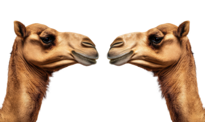 Two camels in profile facing each other with detailed fur texture and expressive features, creating a captivating visual of desert wildlife interaction