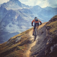 Fototapeta premium A lone mountain biker tackling a steep incline on a rugged trail high up in the mountains.
