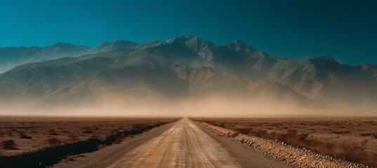 Vast panoramic desert landscape with distant mountains and a straight road leading to the horizon, featuring dust clouds, dry terrain, and atmospheric particles under a muted, cinematic tone