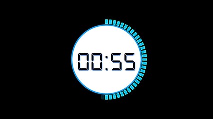 A futuristic digital countdown timer set to 01:00, featuring a bright blue circular interface with a white center and black background, resembling a sci-fi stopwatch or HUD timer. - Powered by Adobe