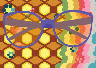 Retro 70s Background with Glasses. Groovy Fashion 1970s art template. Minimalistic Vintage design poster. Old-fashioned color artwork.