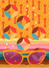 Retro 70s Background with Glasses. Groovy Fashion 1970s art template. Minimalistic Vintage design poster. Old-fashioned color artwork.