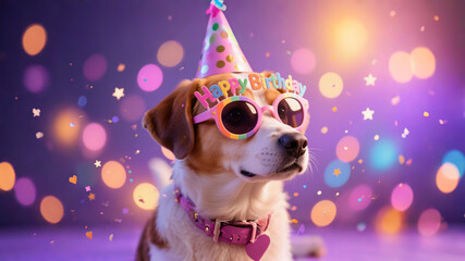 A puppy wearing a birthday hat