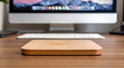 Wooden monitor riser with desk essentials and mountain view background