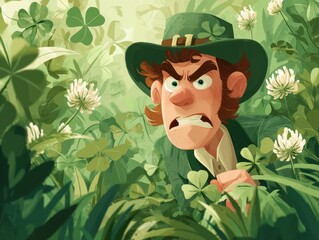 An angry leprechaun hidden amongst clover.