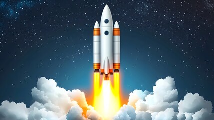 Fototapeta premium Powerful Rocket Launching into Space, Starry Night