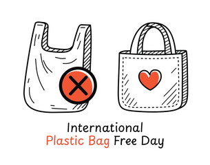 Minimalist doodle illustration showing a banned plastic bag and reusable tote bag with heart icon. Promotes awareness for International Plastic Bag Free Day and eco conscious living.