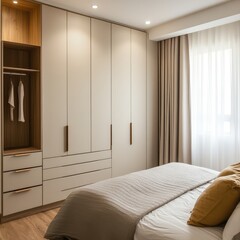 Minimalist bedroom with modular wardrobe and drawers -