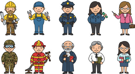 Adorable Cartoon Characters in Various Occupations, Perfect for Educational and Professional Illustrations flat vector illustration