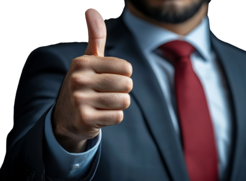 Confident businessman in a suit giving a thumbs up gesture with positive attitude and determination against a neutral background suitable for success themes