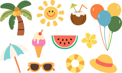 Summer hand drawn flat illustration, cute cartoon summer elements, coconut tree, straw hat, sunglasses, watermelon, ice cream, summer beach hand drawn elements