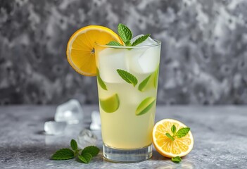 Refreshing lemon mint lemonade in glass with ice, gray stone background, herb, refreshing