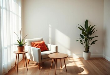 Soft light bathes minimalist therapy room; comfy armchair, small table, potted plant, background, ambiance