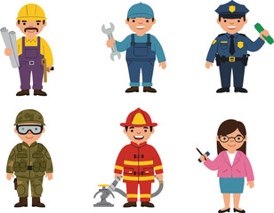 Adorable Cartoon Characters in Essential Occupations, Perfect for Educational and Professional Illustrations flat vector illustration