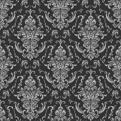Fototapeta premium The Damask rococo style, seamless Silver on Charcoal, represents a cool, modern mood used for vector-style wallpapers.