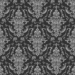 The Damask rococo style, seamless Silver on Charcoal, represents a cool, modern mood used for vector-style wallpapers.