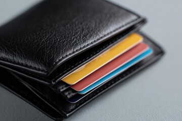 Stylish black leather wallet open to show neatly arranged credit cards inside