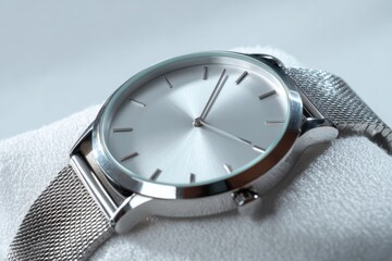 Minimalist stainless steel wristwatch displayed on white textured background