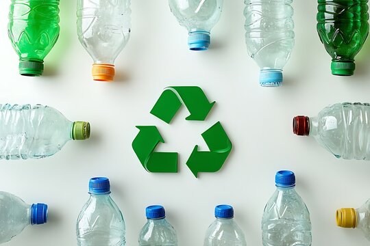 Green recycle emblem surrounded by colorful plastic bottles on a clean white surface suggests sustainability
