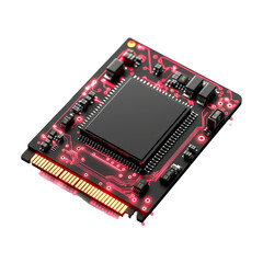 High-Tech Microchip with Red Circuitry on Black Background