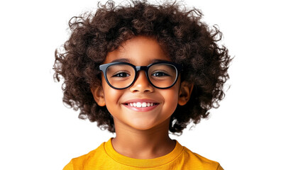 Obraz premium Smiling young child with curly hair wearing glasses, bright yellow shirt, joyful expression, isolated on white background, cheerful and engaging look